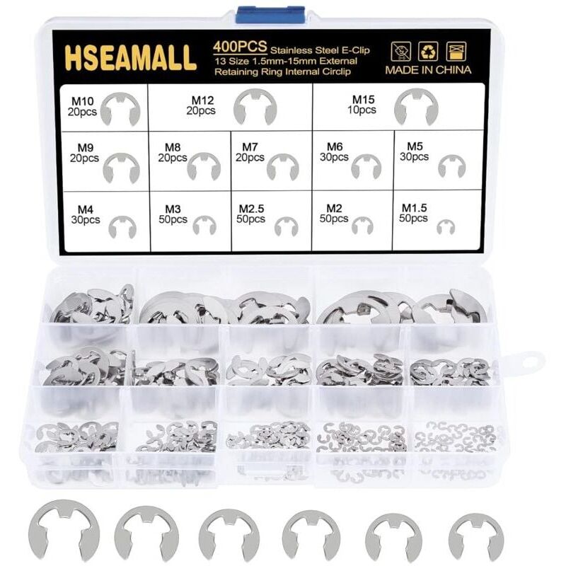 foto del prodotto snq 400 pezzi 13 misure in acciaio inossidabile e clip anello di sicurezza esterno anello elastico kit assortimento anello elastico interno