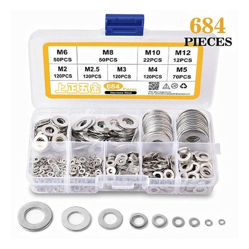foto del prodotto snq 684 pezzi rondelle piatte, assortimento di rondelle in acciaio inossidabile, rondelle piatte in metallo 9 misure per impianti idraulici,