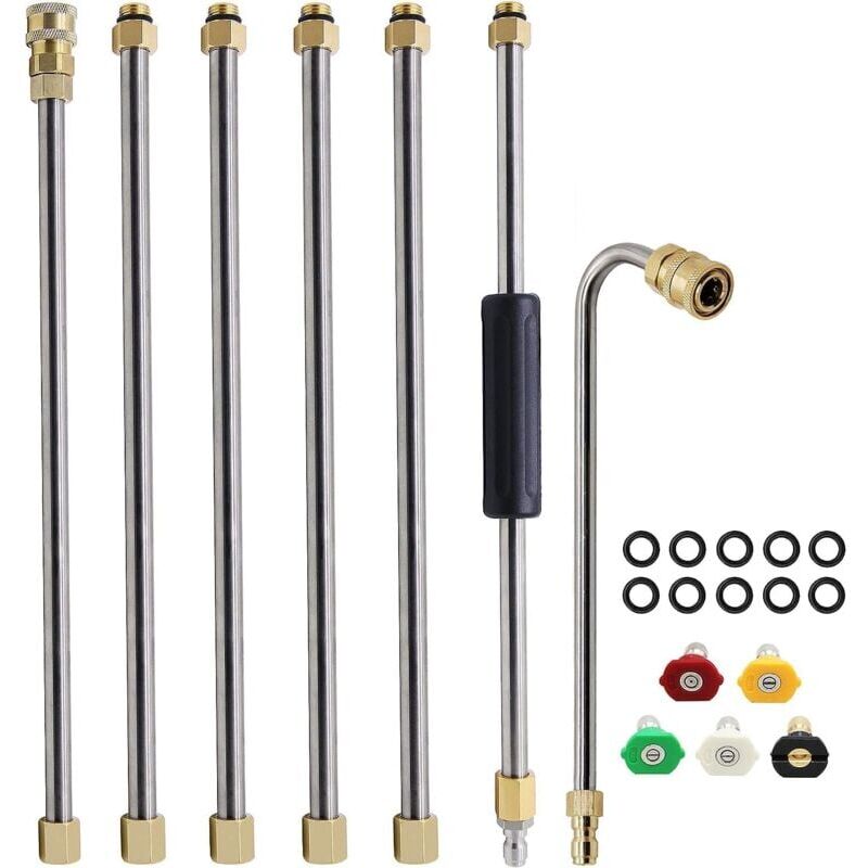 foto del prodotto snq 7 pack set di prolunghe per idropulitrice, lancia per idropulitrice, strumento per la pulizia delle grondaie, con 5 punte per ugelli argento 