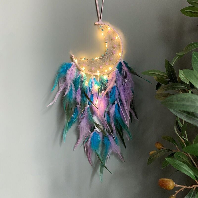foto del prodotto snq acchiappasogni a forma di luna con luce led, mobiletti fatti a mano, acchiappasogni, ciondolo turchese, ornamento da appendere alla parete per