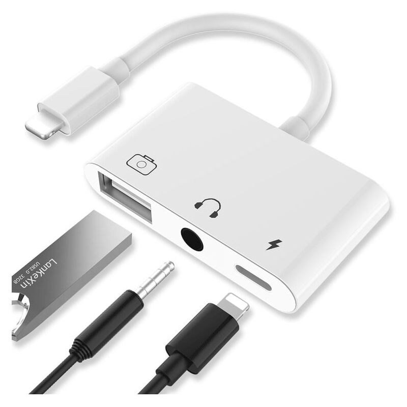 foto del prodotto snq adattatore audio usb lighting, adattatore lettore fotocamera usb 3 in 1 con cavo porta di alimentazione jack per cuffie da 3,5 mm