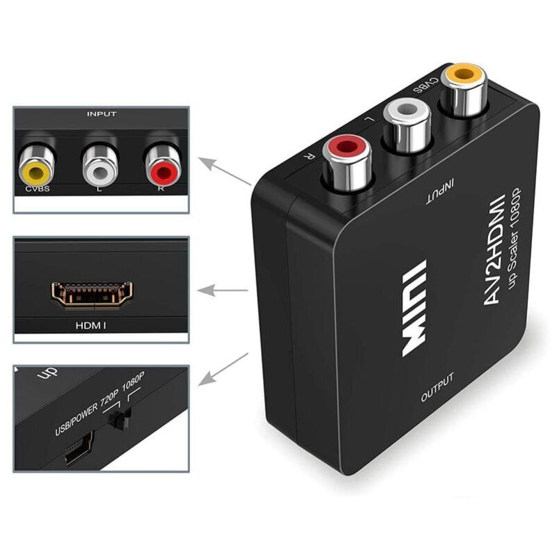 foto del prodotto snq adattatore rca a hdmi, mini av rca cvbs a hdmi video audio converter, supporta 720 1080p per pc xbox ps3 ps2 tv stb,