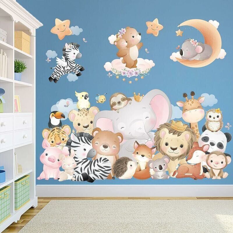 foto del prodotto snq adesivi murali per bambini, decorazione per la cameretta dei bambini, animali, elefante, leone, tigre, giraffa, koala, zebra, adesivi murali,