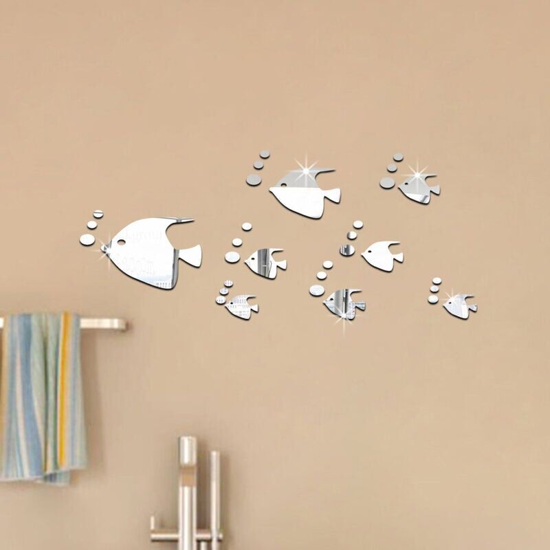 foto del prodotto snq adesivo da parete con bolle di pesce di mare, effetto specchio 3d, fai da te, adesivo rimovibile argento 