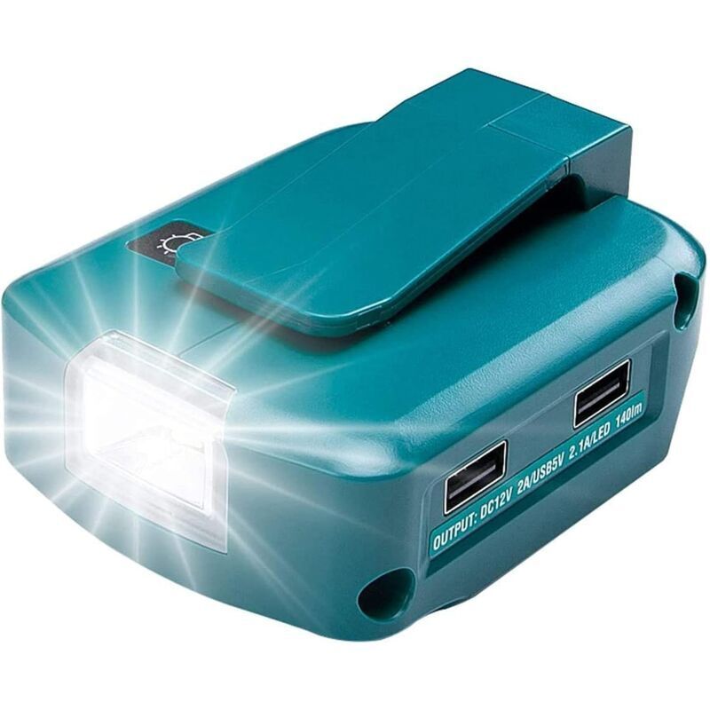 foto del prodotto snq adp05 fonte agli ioni di litio makita 18 v yex bur caricabatterie convertitore usb porta usb 5 v 2,1 a, porta 12 v 2 a dc, lampada torcia