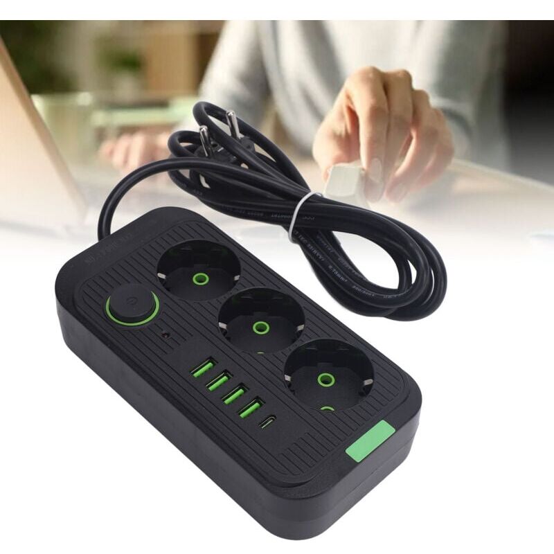 foto del prodotto snq alimentatore europeo 3 prese 4 porte usb 1 tipo c con cavo 2 m per presa elettrica a muro