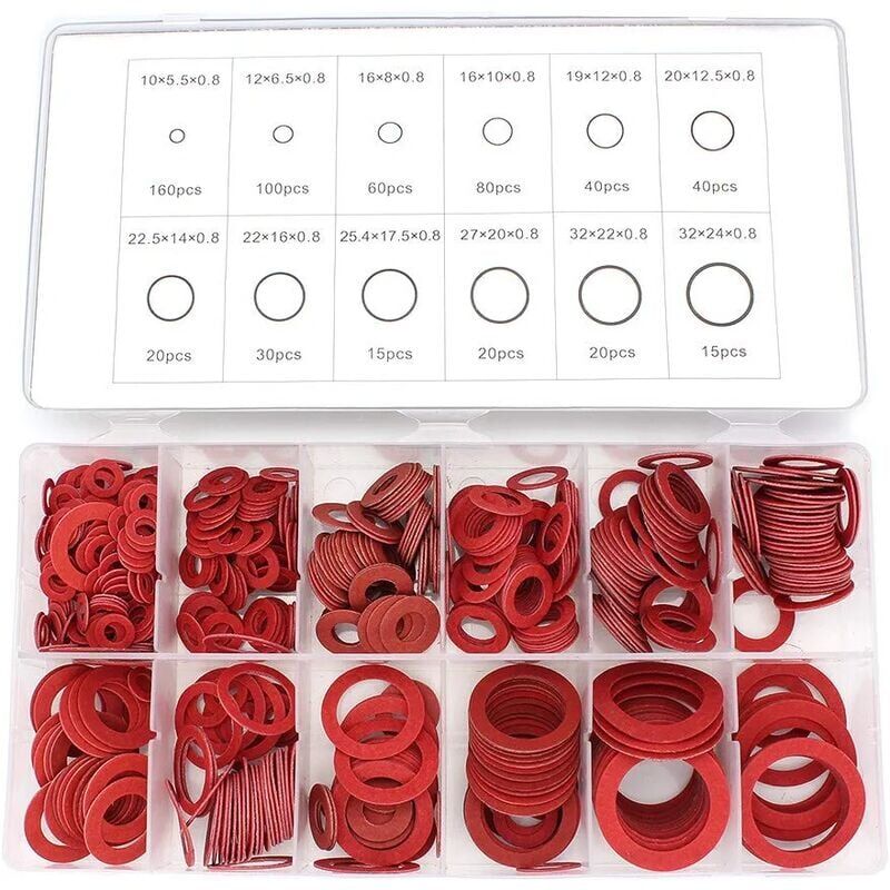 foto del prodotto snq assortimento di rondelle in fibra, 600 pezzi di rondelle piatte in fibra di carta in acciaio rosso, guarnizione isolante assortita