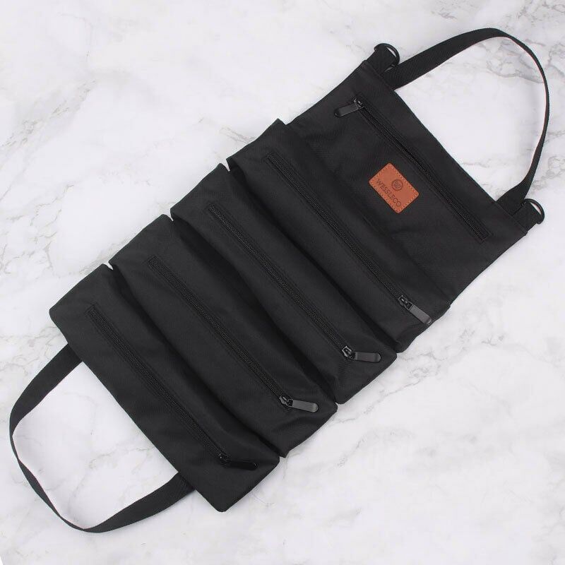 foto del prodotto snq borsa porta attrezzi in tela avvolgibile con 5 tasche con niera, borsa porta attrezzi multiuso nero 