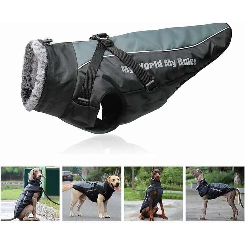 foto del prodotto snq cappotto reversibile riflettente in peluche per cani con pettorina staccabile e collo in pelliccia ripiegabile, anti soffocamento, comodo per