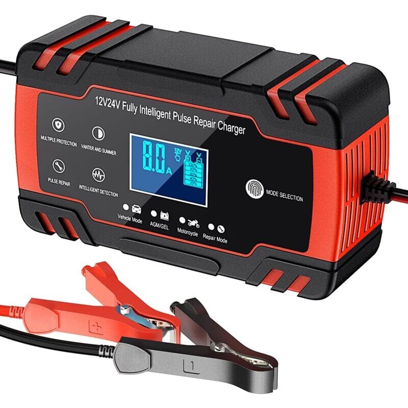 foto del prodotto snq caricabatteria intelligente 12v 24v 8a, mantenitore di batteria e funzione di riparazione automatica portatile con display lcd, per auto, moto,