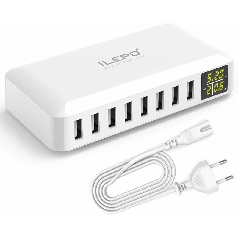 foto del prodotto snq caricabatterie usb 5v8a a 8 porte con display lcd, stazione di ricarica intelligente con prese usb multiple compatibile con iphone xs xr se,