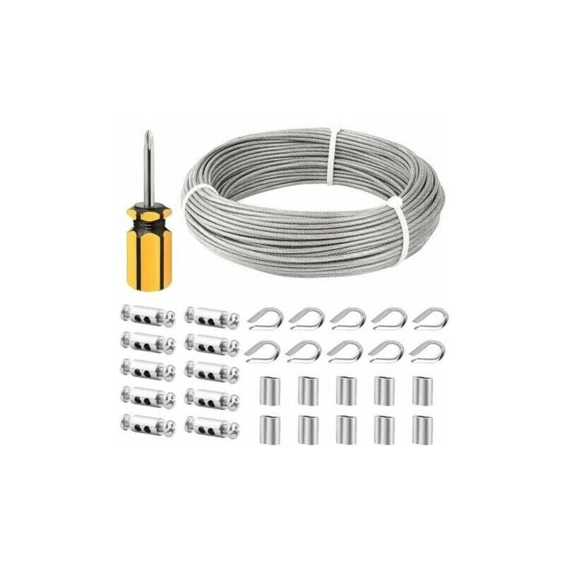 foto del prodotto snq cavo in acciaio inossidabile da 3 mm, cavo in acciaio inossidabile da 50 m 3 mm, cavo in acciaio rivestito con morsetti per cavi, manicotti m3,