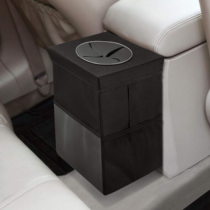 foto del prodotto snq cestino per auto con coperchio sacchetto per auto appeso con tasche portaoggetti, organizer per auto pieghevole portatile impermeabile,
