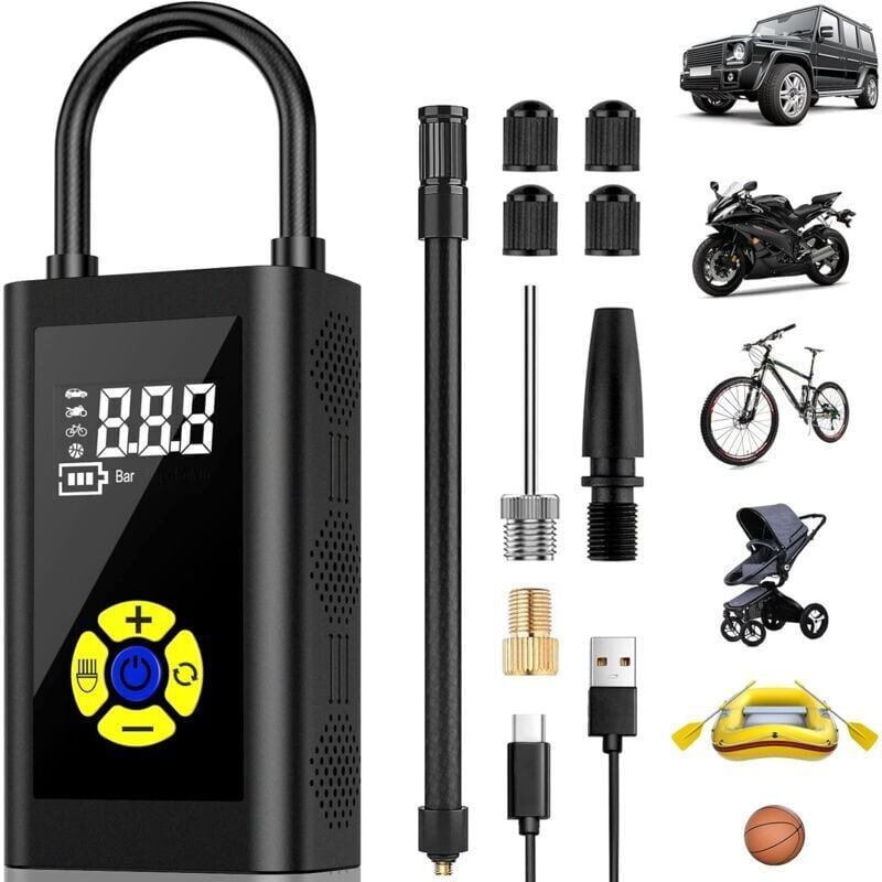 foto del prodotto snq compressore d aria portatile, versione gonfleur pneus voiture pompe a velo mini compresseur de voiture display lcd numerico, 150psi, type c