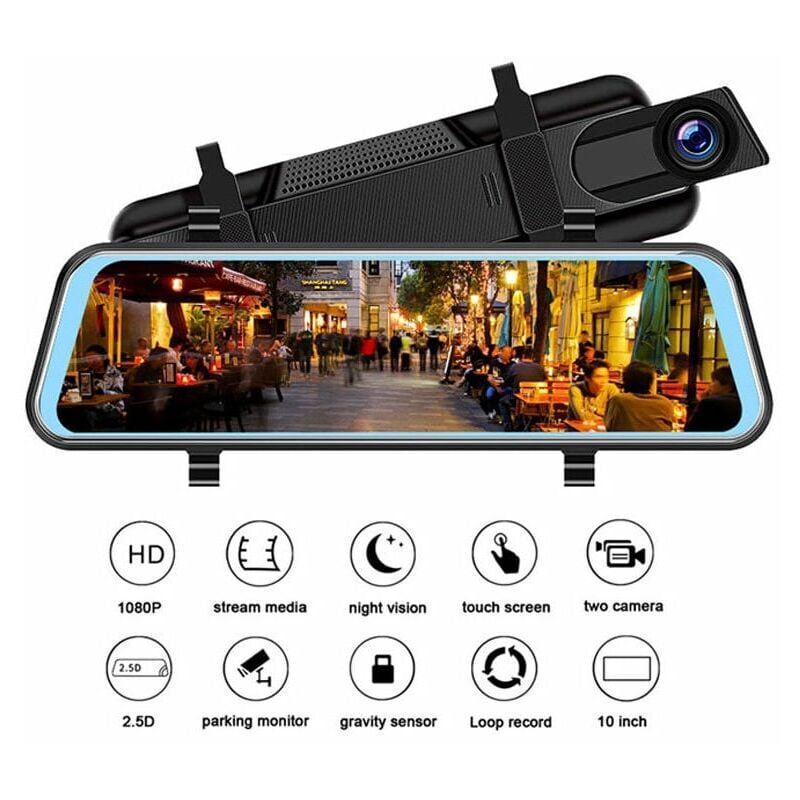 foto del prodotto snq confezione da 10 dashcam con specchietto retrovisore e telecamera di retromarcia, gps, visione notturna, sensore g, registrazione in loop,