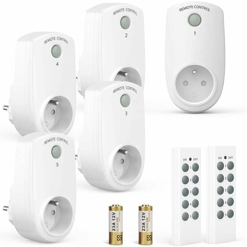 foto del prodotto snq confezione da 5 prese elettriche programmabili, presa con telecomando wireless con 2 telecomandi, 2 batterie incluse, distanza di controllo di