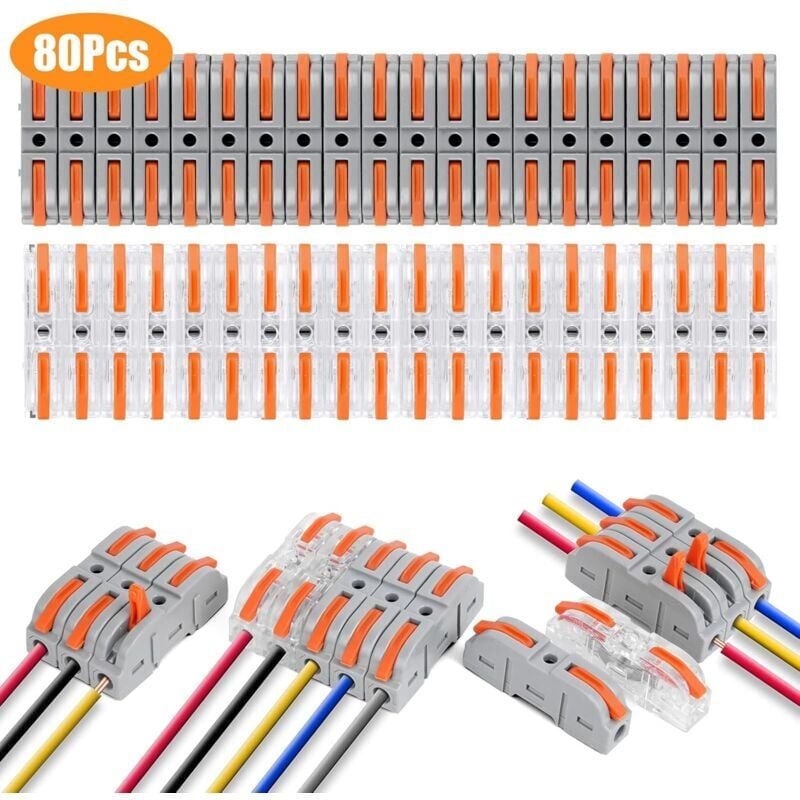 foto del prodotto snq connettori elettrici rapidi con leva, 80 pezzi terminali di collegamento rapido 1 filo 2 ingressi, terminali elettrici rapidi, il connettore