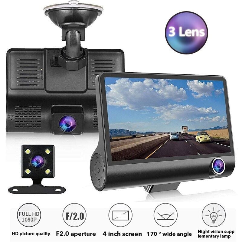 foto del prodotto snq dashcam per auto con 3 telecamere, full hd, 1080p, doppio obiettivo, schermo lcd da 4,0 pollici, con visione posteriore a 170 gradi,