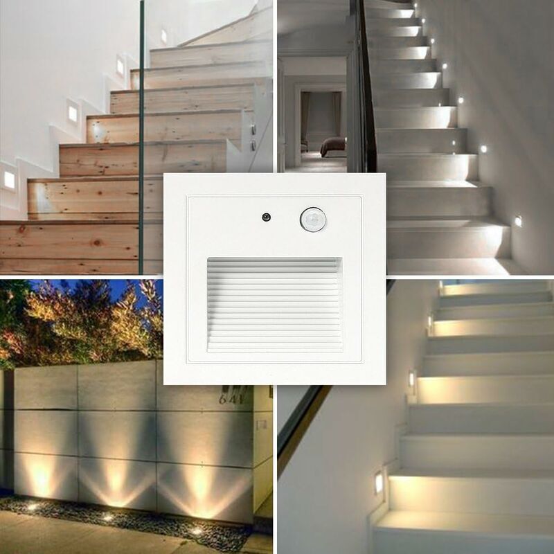 foto del prodotto snq faretto da incasso a parete a 4 led, 3 w, luce da parete, luce per gradini, luce per scale, sensore di movimento, luce da incasso a pavimento,