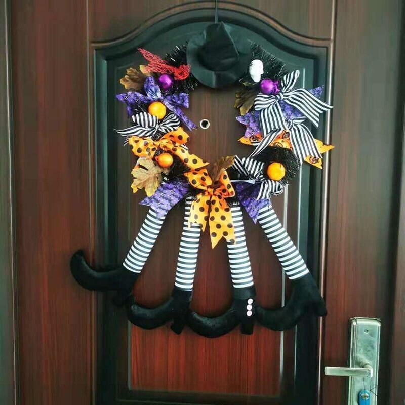 foto del prodotto snq ghirlanda per porta con gambe da strega di halloween jeffergarden con zucca, foglie d acero e design unico fatto a mano per la decorazione di