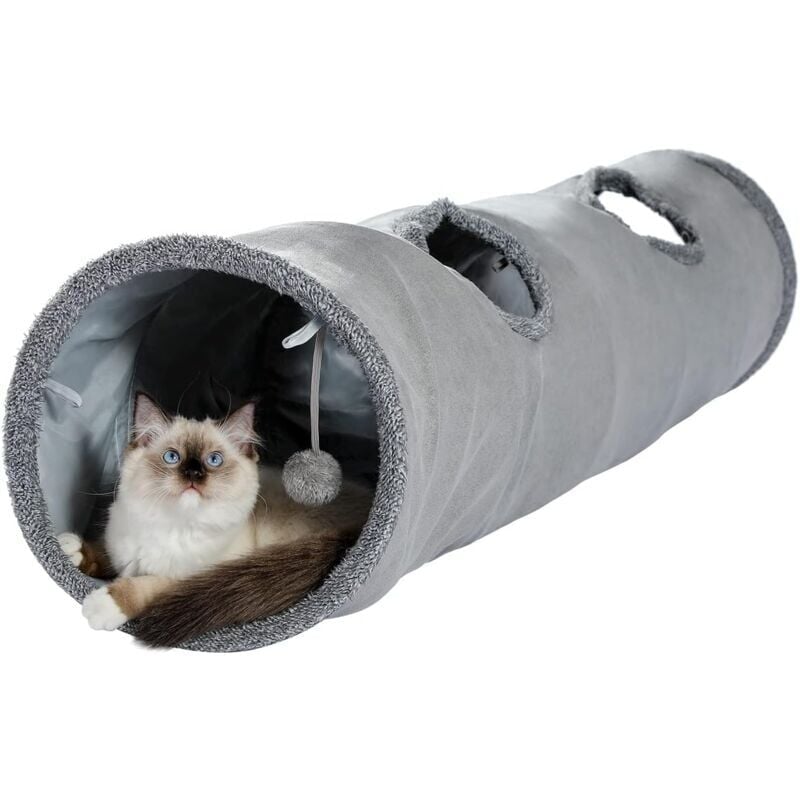 immagine 0 del prodotto snq giocattolo a tunnel per gatti in pelle scamosciata, grande tunnel pieghevole per gatti con 2 fori e palla appesa per gatti, gattini, conigli,