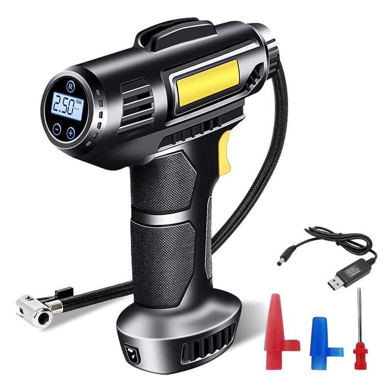foto del prodotto snq gonfiatore digitale portatile per pneumatici per auto, 2000 mah, batteria ricaricabile tramite usb, 150 psi, con led e ugelli per auto,