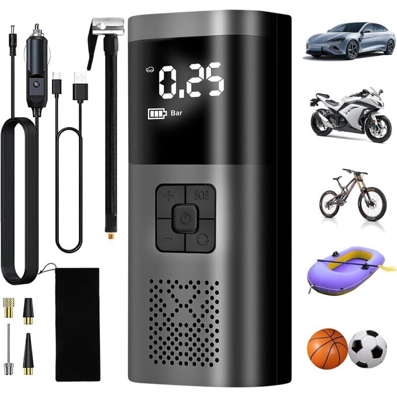 foto del prodotto snq gonfiatore per pneumatici per auto, compressore d aria portatile da 6000 mah, gonfiatore per pneumatici senza fili da 150 psi con display lcd