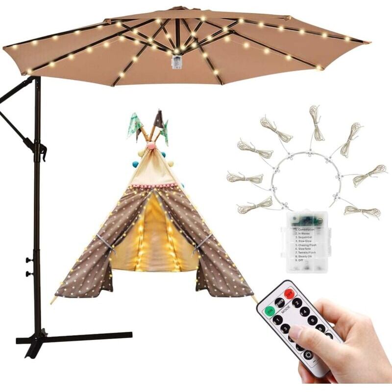 foto del prodotto snq guirlande lumineuse pour parasol de terrasse, 8 modes de luminosit , 104 led, blanc chaud, tanche, variable, fonctionne sur piles, utilisation
