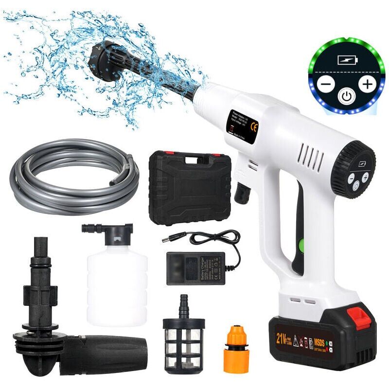 foto del prodotto snq idropulitrice a batteria da 21 v, pistola ad alta pressione con ugello multifunzione 6 in 1 da 725 psi, tubo da 5 m, batteria da 1500 mah, per
