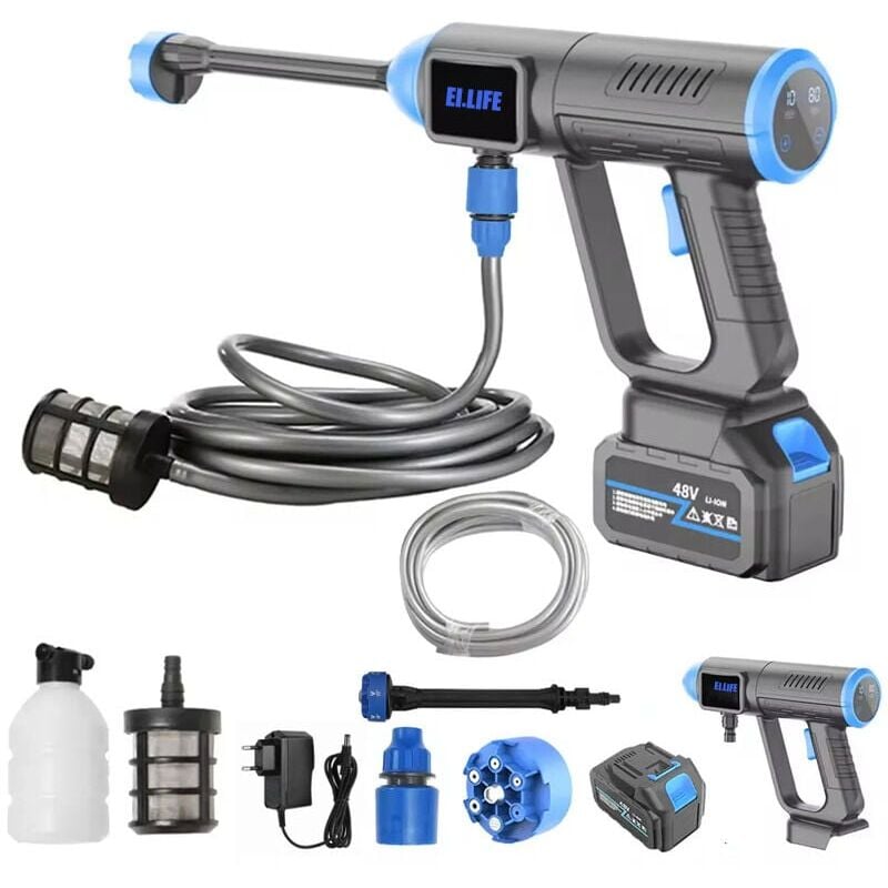 foto del prodotto snq idropulitrice ad alta pressione a batteria, max 30 bar con batteria, spruzzatore di schiuma, ugello multiuso 6 in 1 per pulizia e irrigazione