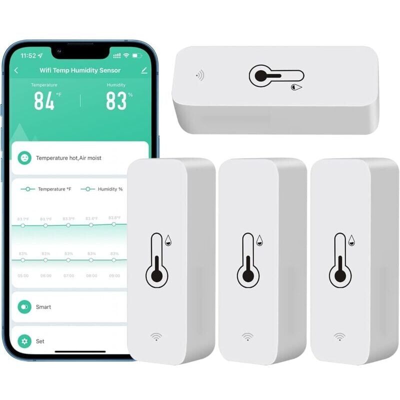 foto del prodotto snq igrometro wifi da 4 pezzi per casa, interni ed esterni sensore wireless di temperatura e umidit con avviso tramite app remota, funziona con