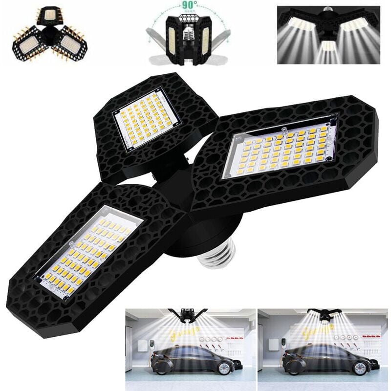 foto del prodotto snq illuminazione led per garage da 60 w, plafoniera led, lampada da soffitto deformabile e27 con 3 pannelli regolabili, bianco freddo, per garage,