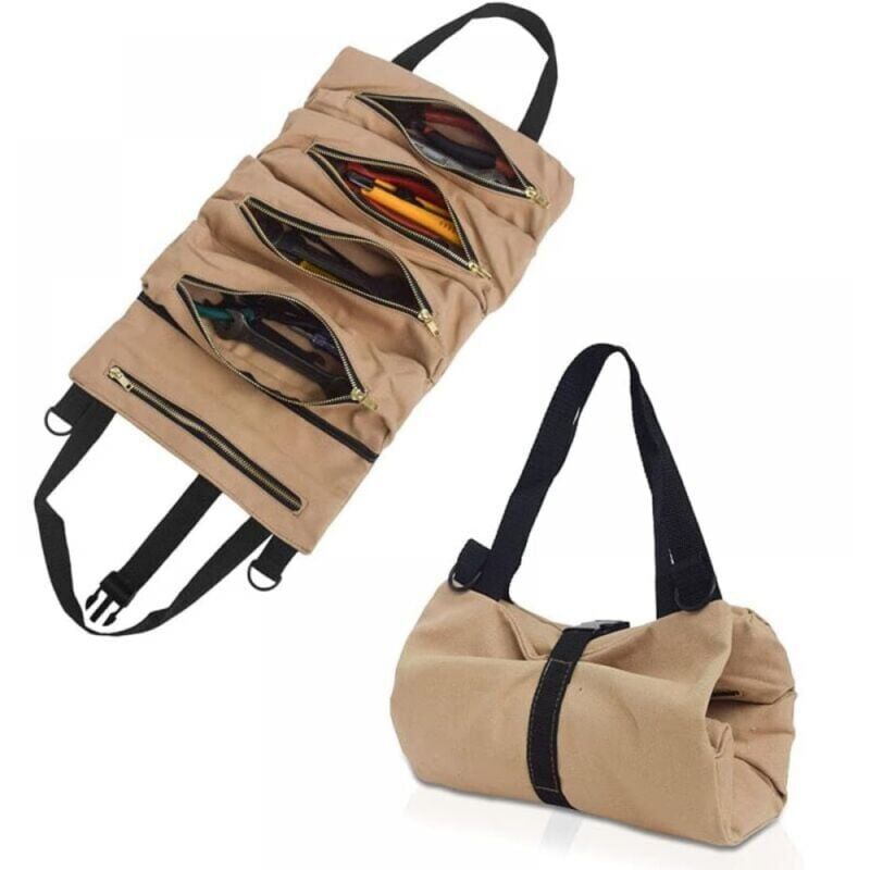 foto del prodotto snq khaki borsa portautensili in tela, borsa portautensili multifunzionale con 5 tasche, kit portautensili resistente all usura, adatta per la