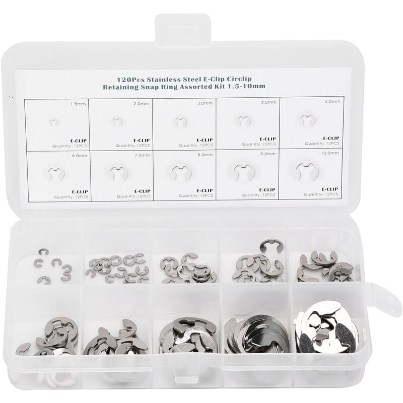 foto del prodotto snq kit assortimento di anelli elastici di sicurezza esterni in acciaio inossidabile con rondella a e da 120 pezzi da 1,5 mm a 10 mm