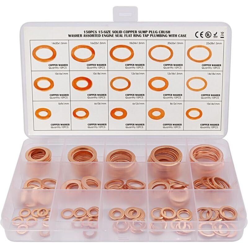foto del prodotto snq kit assortimento guarnizioni di scarico rondelle in rame da 150 pezzi m5, m6, m8, m10, m12, m14, m16, m18, m20, m22, 15 misure, rondelle piatte