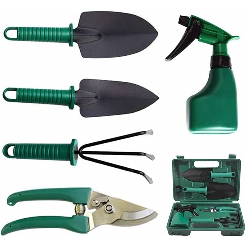 foto del prodotto snq kit di attrezzi da giardino, 5 pezzi di attrezzi da giardinaggio in acciaio inossidabile con cesoie da potatura, pale, cazzuola, rastrello a