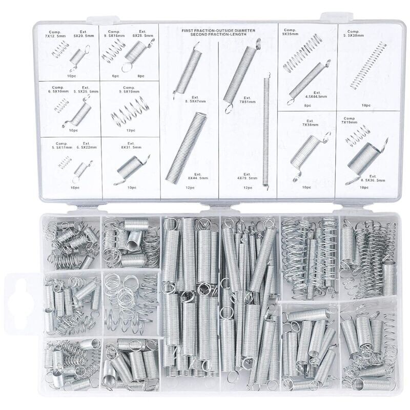 foto del prodotto snq kit di combinazione di molle da 200 pezzi, molle di tensione, molle oscillanti, molle di compressione in acciaio inossidabile, molle in acciaio