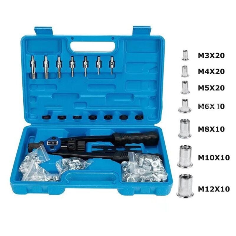 foto del prodotto snq kit di installazione dadi con 100 mandrini metrici assortiti m3 m4 m5 m6 m8 m10 m12 e custodia per il trasporto sagomata.