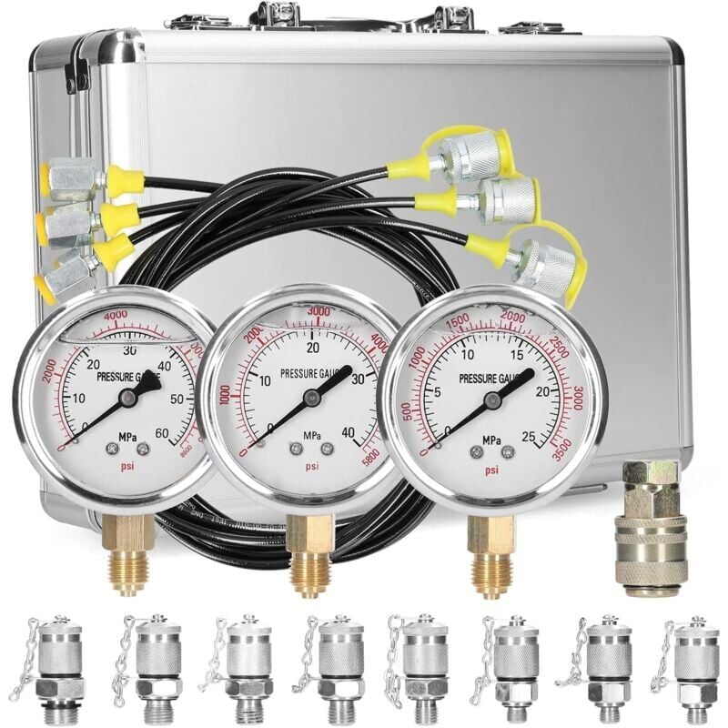 foto del prodotto snq kit per test di pressione idraulica dell escavatore, include 9 raccordi, 3 tubi flessibili di prova, 3 manometri 3600 psi, 5800 psi, 8700 psi 