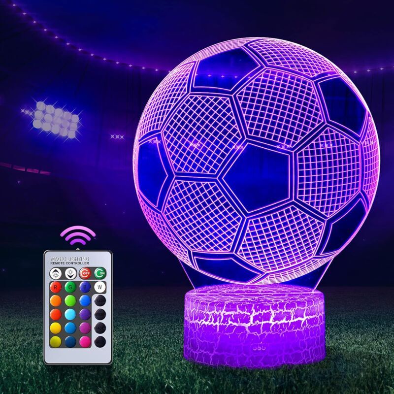 foto del prodotto snq lampada da calcio 3d luce notturna a led con telecomando, 7 colori selezionabili interruttore touch dimmerabile lampada notturna usb regalo di