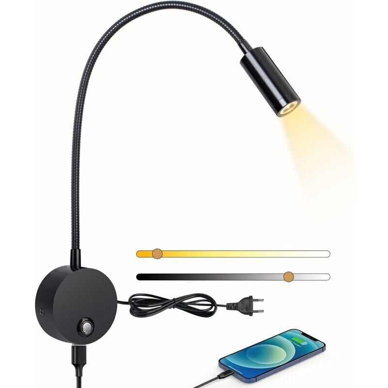 foto del prodotto snq lampada da lettura a parete, lampada da comodino a led con porta usb dimmerabile, lampada da lettura da comodino girevole a 360 da 3w con cavo