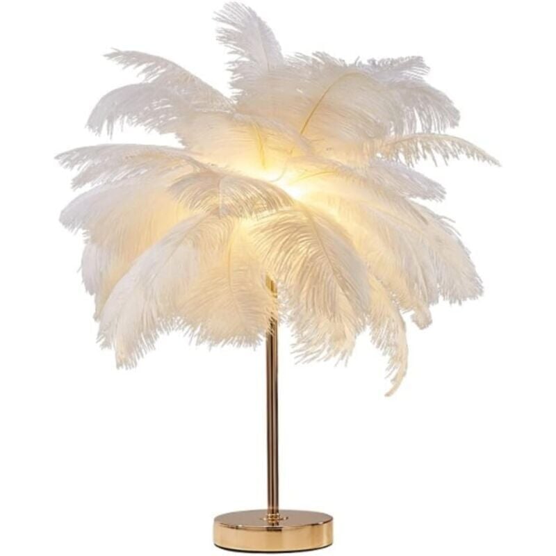foto del prodotto snq lampada da tavolo creativa con piume di struzzo bianche lampada da comodino luce di lusso ed elegante paralume luce notturna illuminazione da