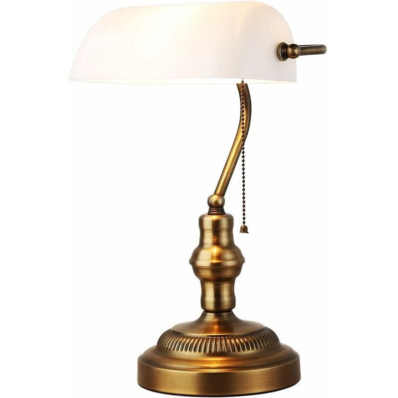 foto del prodotto snq lampada da tavolo retr , lampada da scrivania in vetro bianco, con base in ottone, interruttore a catena, per uffici, studi, camere da letto,