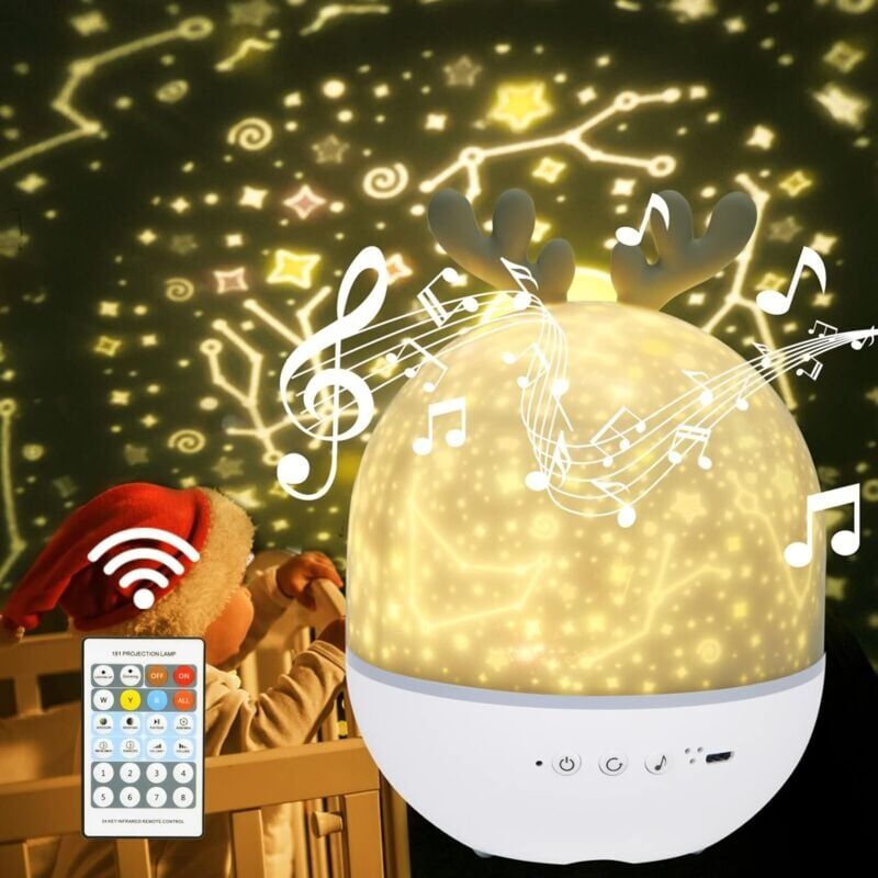 foto del prodotto snq lampada proiettore stelle luce notturna per bambini, luce notturna musicale con rotazione a 360 timer telecomando 6 colori, luce