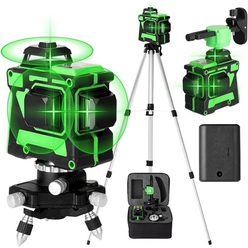 foto del prodotto snq livella laser autolivellante verde 3 x 360 , laser da cantiere 3d a 12 linee, autolivellante, 2 batterie, livellamento automatico, staffa