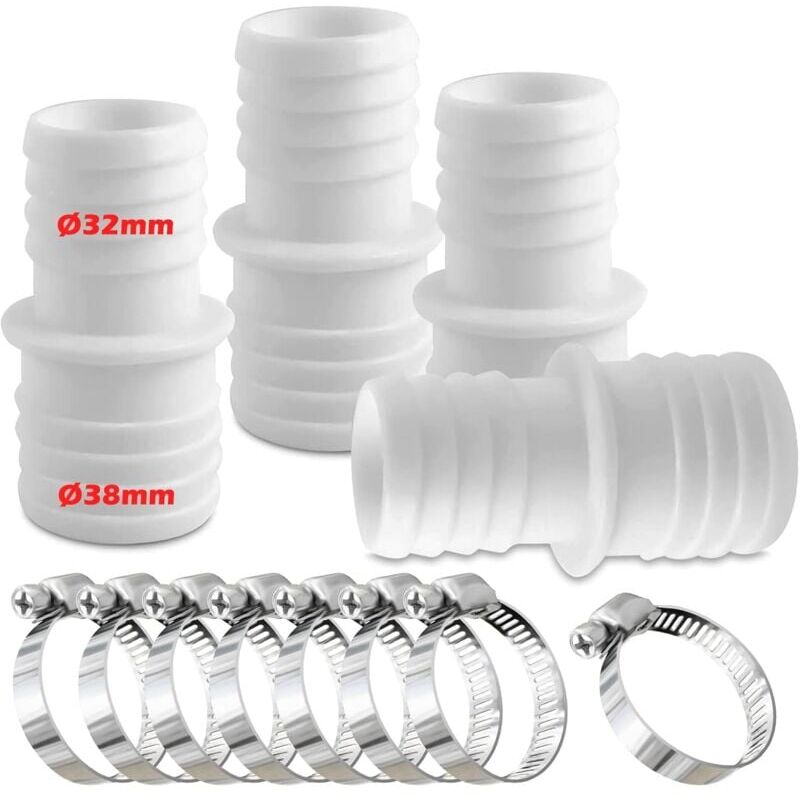 foto del prodotto snq lot de 4 raccords pour tuyau piscine, raccord de tuyau avec colliers de serrage, 32 mm vers 38 mm de diam tre avec 8 colliers de serrage,