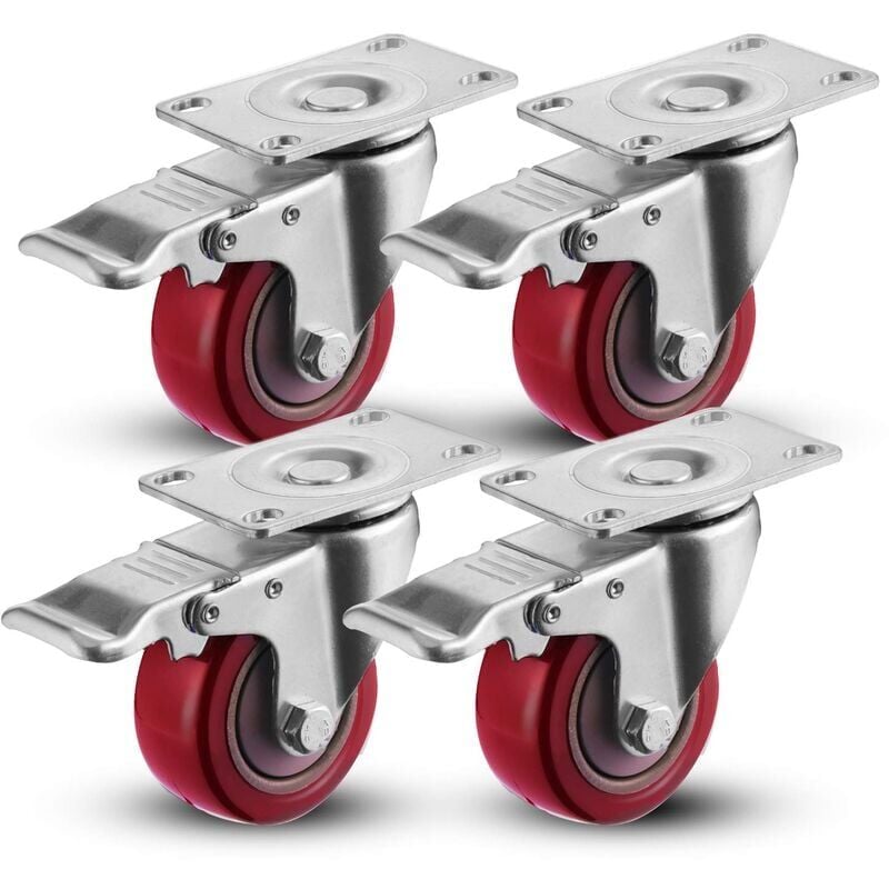 foto del prodotto snq lot de 4 roulettes pivotantes pour meubles, roulette avec frein 75 mm, rouge