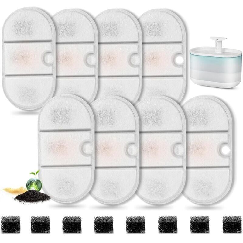 foto del prodotto snq lot de 8 filtres pour fontaine d eau de chat avec 8 ponges, filtre de rechange pour fontaine d eau 71oz 2.1l plwf002 capsule d eau pour chien