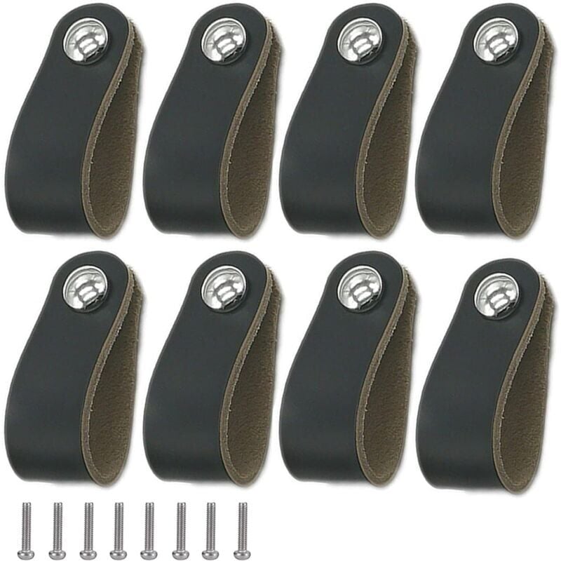 foto del prodotto snq maniglia in pelle da 8 pezzi, maniglia per mobile in pelle nera, maniglia in pelle con viti, maniglia per porta in morbida pelle pu, facile da