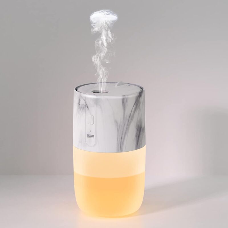 foto del prodotto snq mini umidificatore d aria, umidificatore ad anello di fumo di medusa a ultrasuoni da 300 ml, umidificatore ricaricabile tramite usb con 7 led